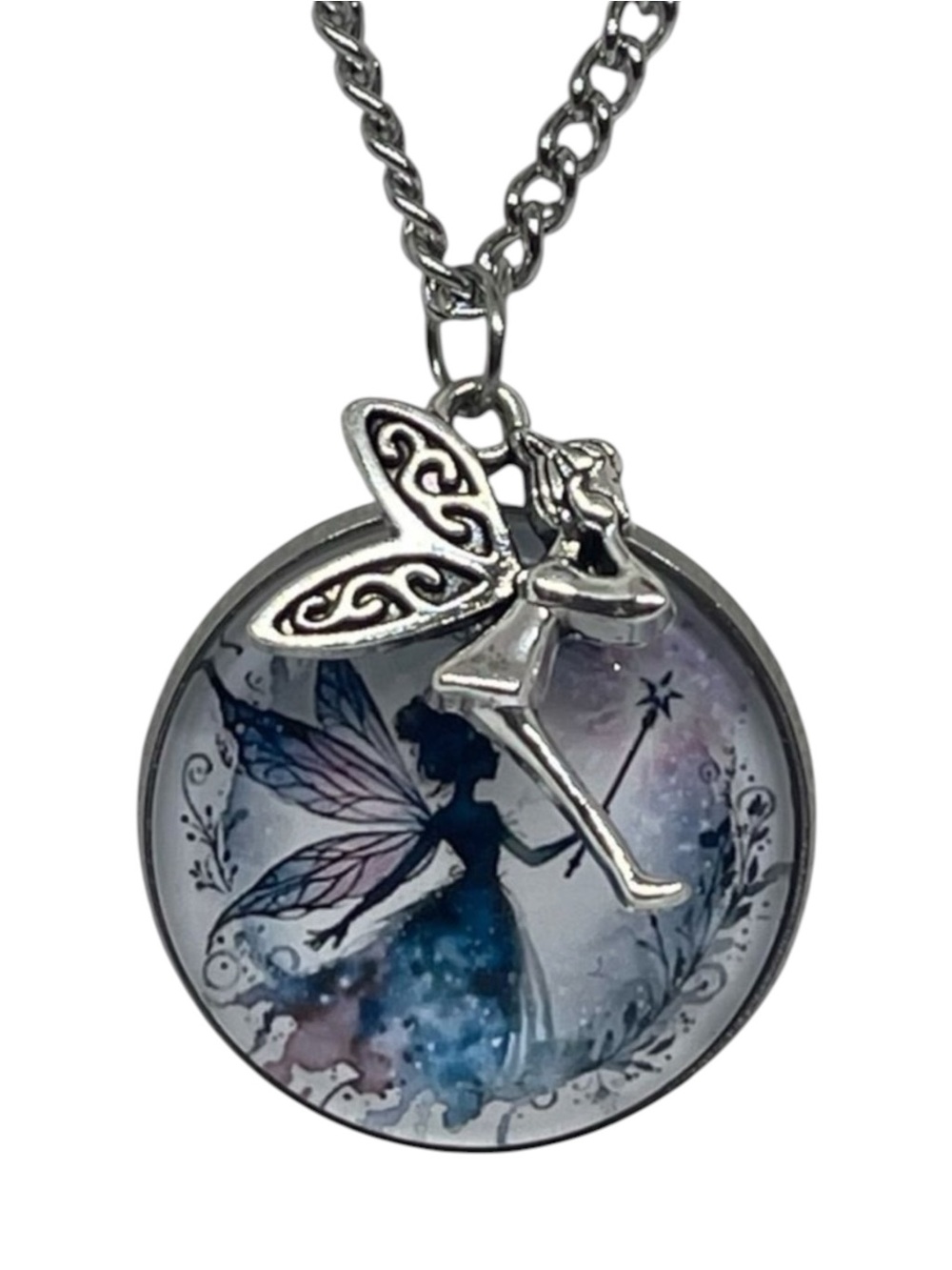 Hand Crafted Blue Black Silver Fairy Pendant Charm Necklace & Earring Set NWT OS